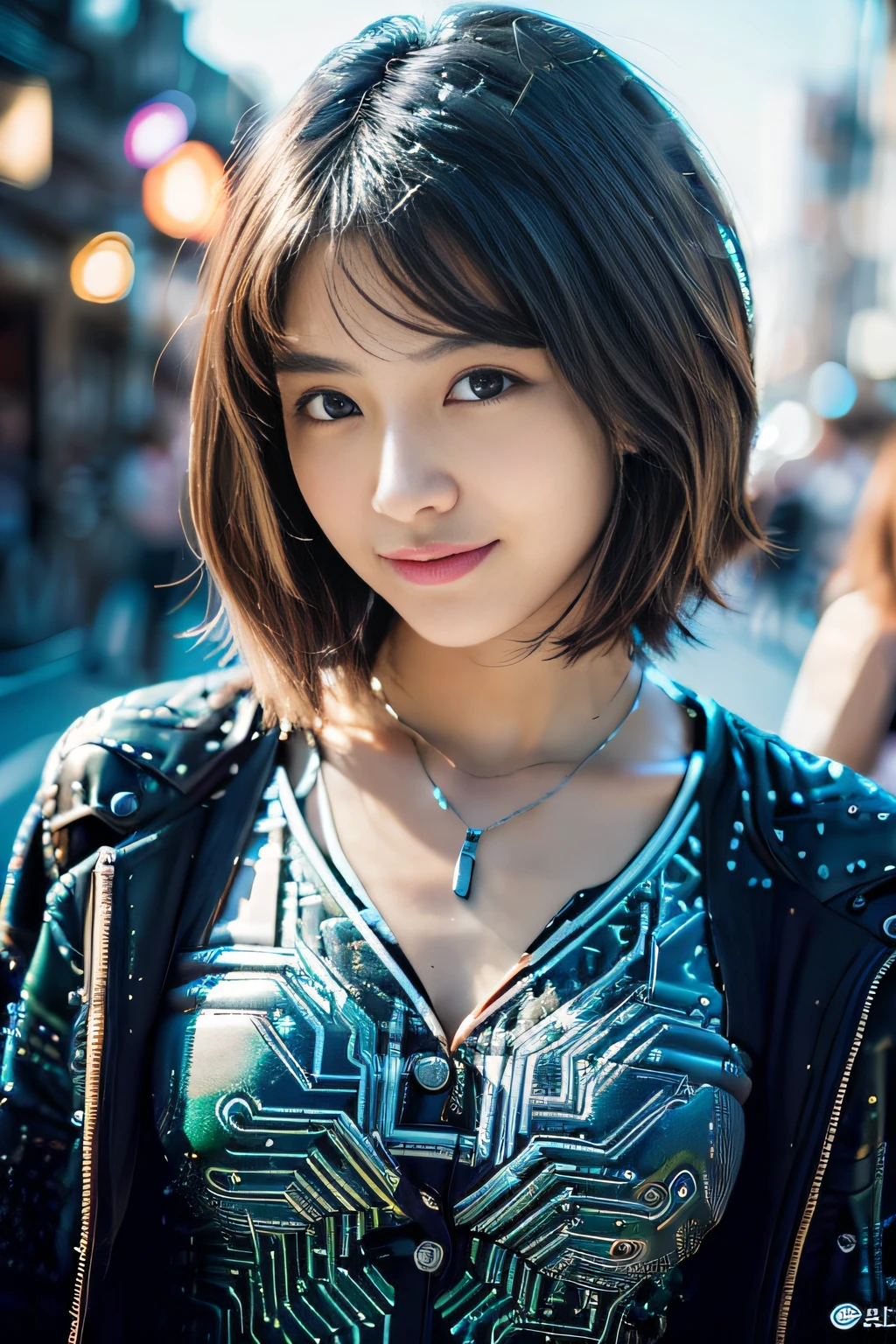 (Best Quality:1.4), (8K), 32K, (UHD), (Masterpiece:1.3), Photo of Japanese pretty woman, (Photorealistic), (Raw Photography), (1girl), (Ultra High Details), (Detailed face), perfect face, (Detailed hair), Beautiful hair, bangs, Layer Cut, (symmetrical eyes:1.3), (Detailed eyes), (Detailed skin), Realistic skin, Ultra high definition, (medium breasts), firm breast, (slim figure), (super model figure), gentle smile, Japanese cute young girl, 

(Wearing a high fashion Beautiful shirt with intricate weave, CircuitBoardAI shirt:1.5), necklaces, earrings, bracelets, 
Portrait, cowboy_shot:1.3, narrow face:1.3,