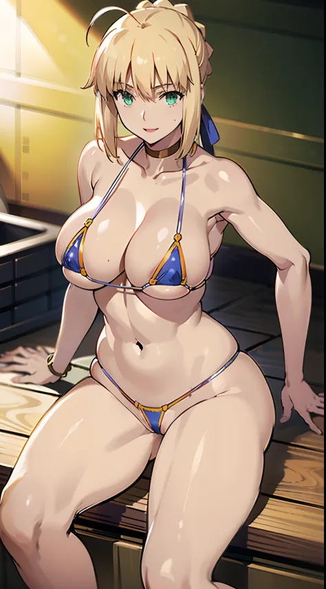 （Best Quality, masutepiece, 超A high resolution,Photorealsitic、Official art）, Sunny Beach、artoria、Eye Highlight、NSFW,maikurobikini、Colossal tits、Erotic body、kindly smile、Smile embarrassedly、Sleeveless、Chignon Hairstyles、Sex between men and women、penetration...