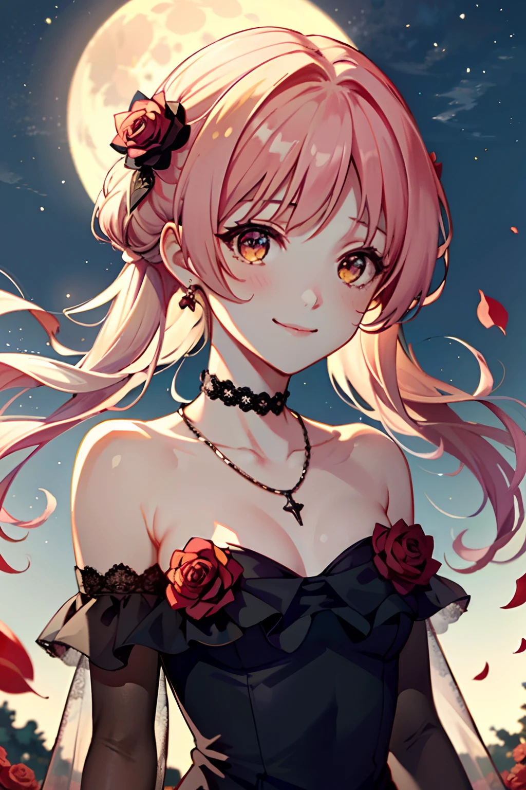 (masterpiece, best quality)
DiabolikLovers, 1girl, solo, mi-long hair, two pigtails, looking at viewer, smile, bangs, pink hair, yellow eyes, gloves, dress, bare shoulders, closed mouth, collarbone, upper body, flower, outdoors, frills, sky, choker, black gloves, elbow gloves, hair flower, necklace, black dress, strapless, night, rose, moon, red flower, night sky, strapless dress, full moon, red rose