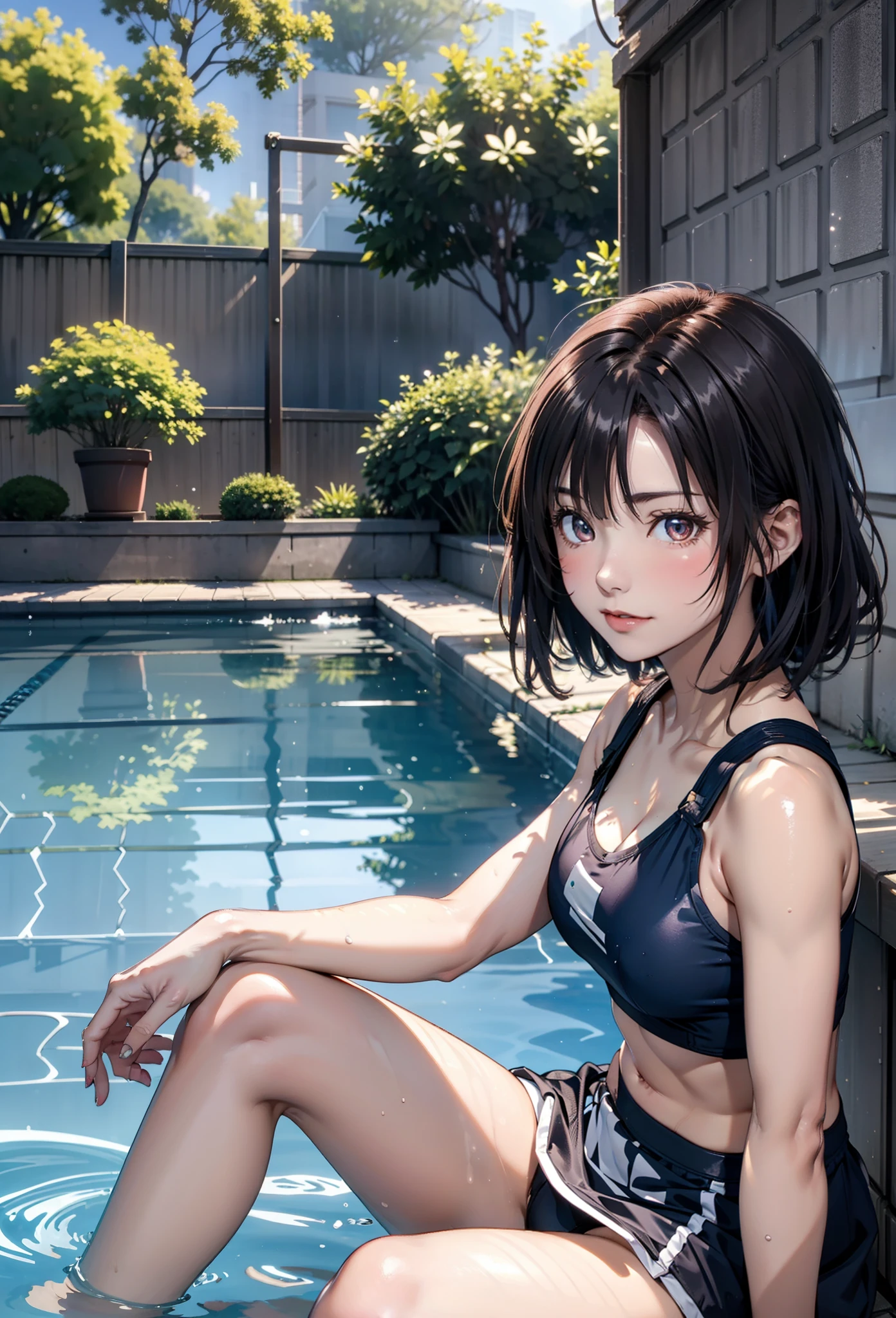 ​masterpiece, top-quality, Detailed details, Detailed landscapes, beatiful lights, Beautiful Shadows,girl with,18year old,((open one's legs)),(Stand on one knee),(scarface),detailed skin textures,((short-hair)),A dark-haired、Red bright eyes、((School swim wear)),in poolside,(school swimming pool),sitting on,blue-sky、llight rays、High contrast,((Oblique view from below))