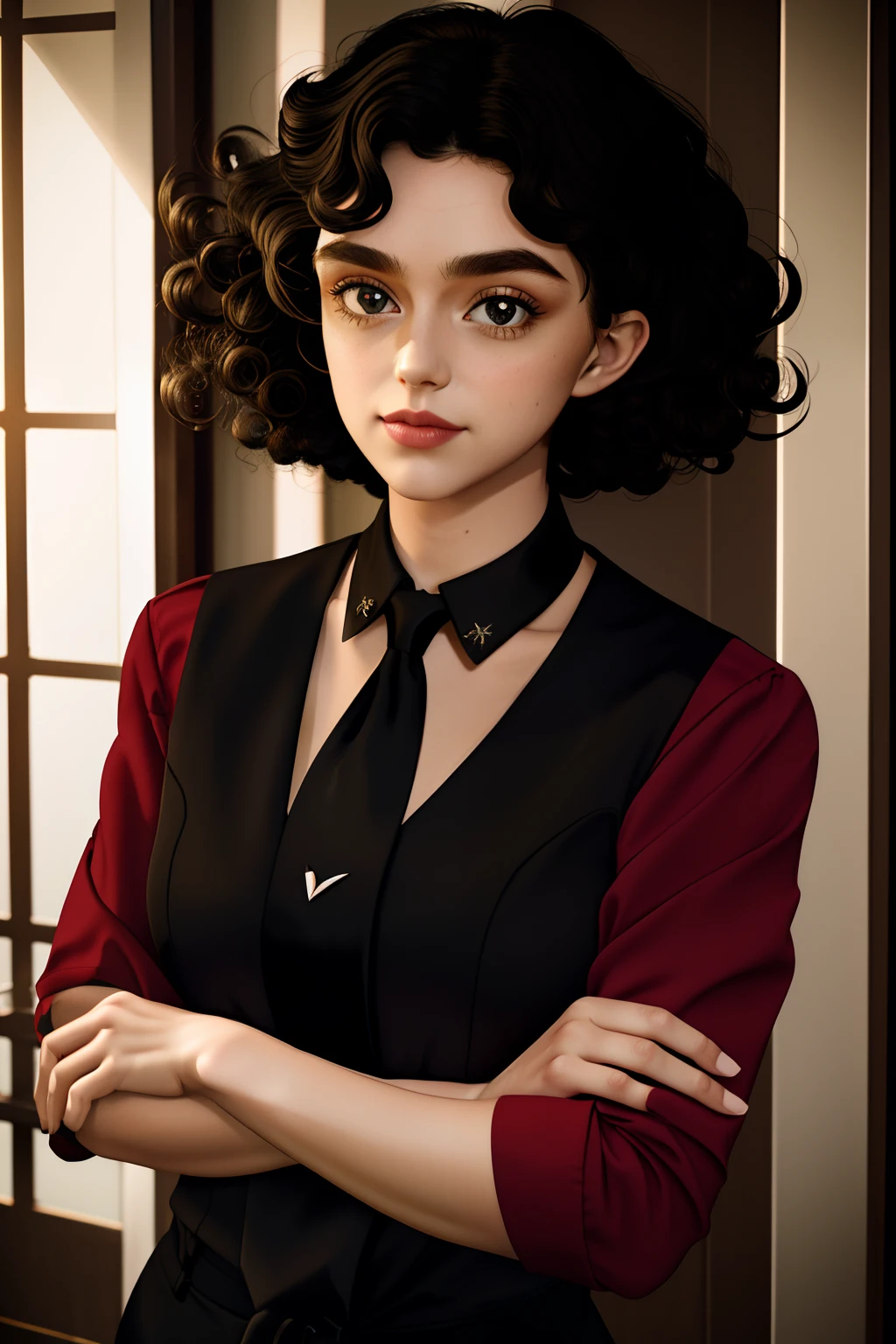 a 1girl, body complet, very detail, a lot of details, very extremely beautiful,  ((tmasterpiece)), (short neck-length hair, curly hair, Curled hair, curls), (black necktie, Red shirt), bright colours, Very detailed eyes