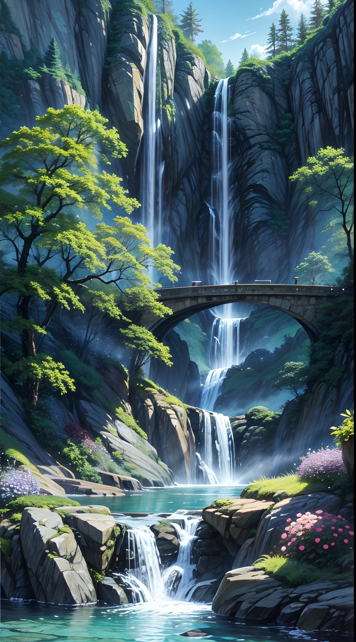 waterfallr，rivulets，stone，High hills，flowingwater，Flowers and trees，Epic composition，tmasterpiece