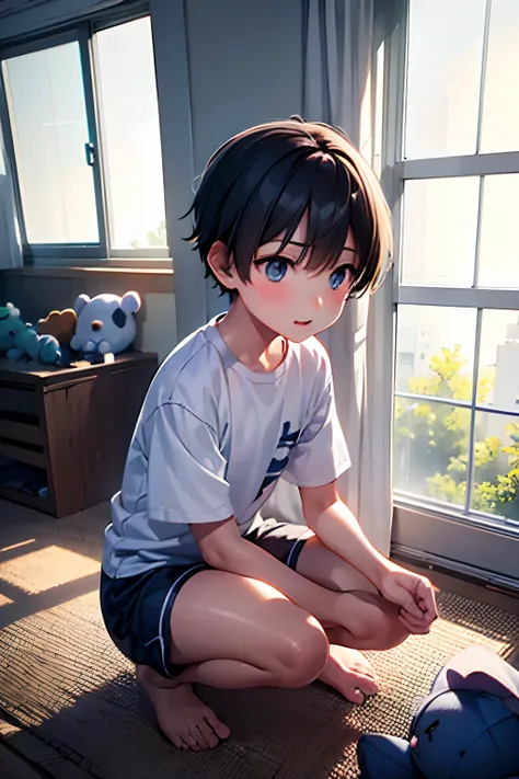 young boy playing in his room, shorts, squatting, god rays coming from the windows, bedroom, playing on the floor, blue glowing ...