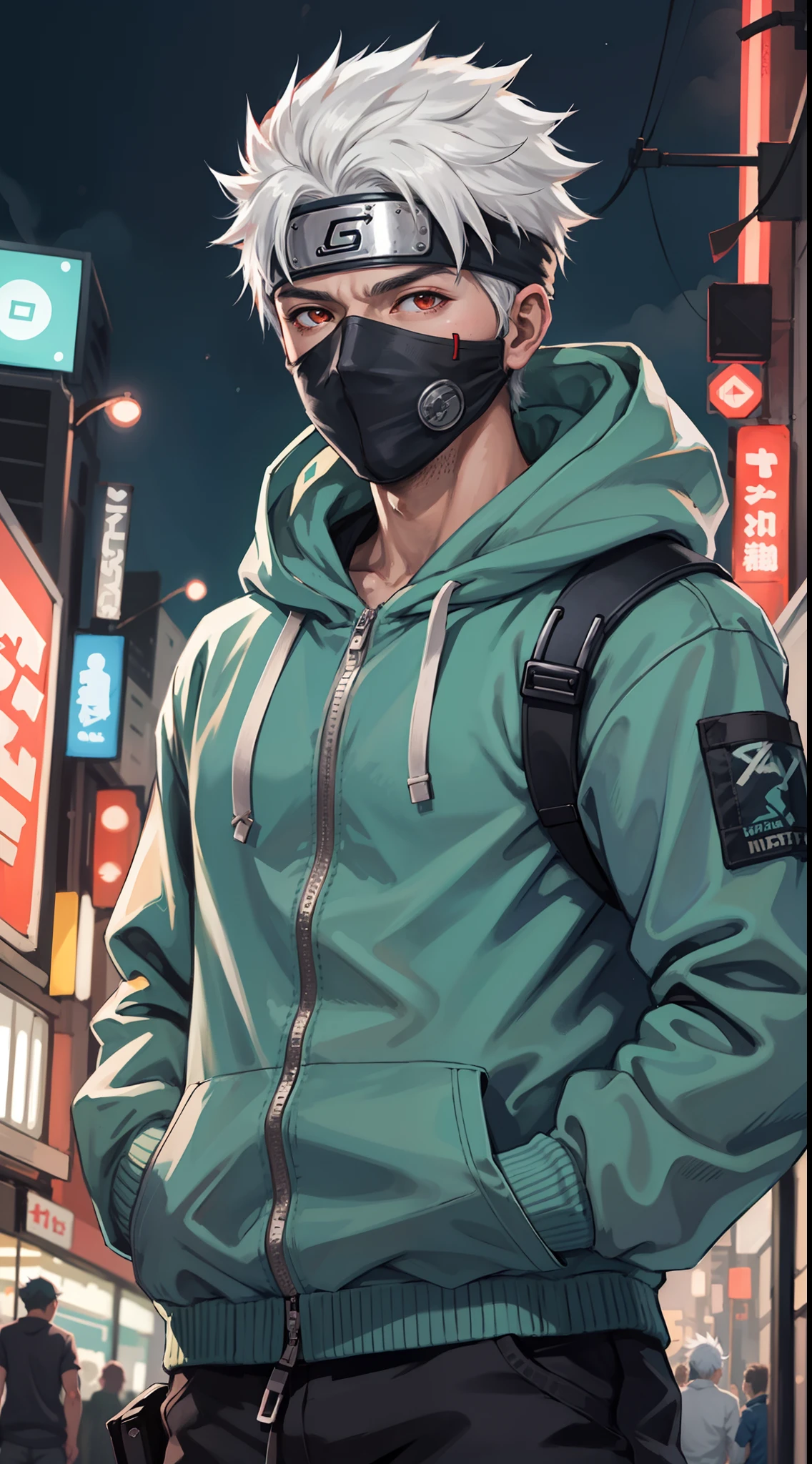 Meisterwerk, beste Qualität, ultra-detailliert, Oberkörperaufnahme, 1 Mann, männlicher Fokus, Kakashi Hatake, trage Streetwear Hoodie, weißes Haar, leuchtend rote Augen, Cyborg mask, coole Einstellung, dynamische Beleuchtung, lebendige Farben, Städtischer Hintergrund ,