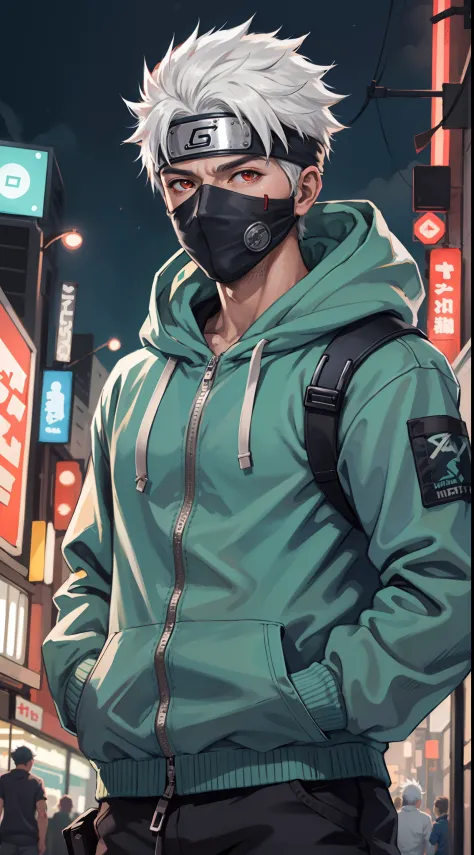 masterpiece, best quality, ultra-detailed, upper body shot, 1man, male focus, Kakashi hatake, wearing Streetwear Hoodie, white h...