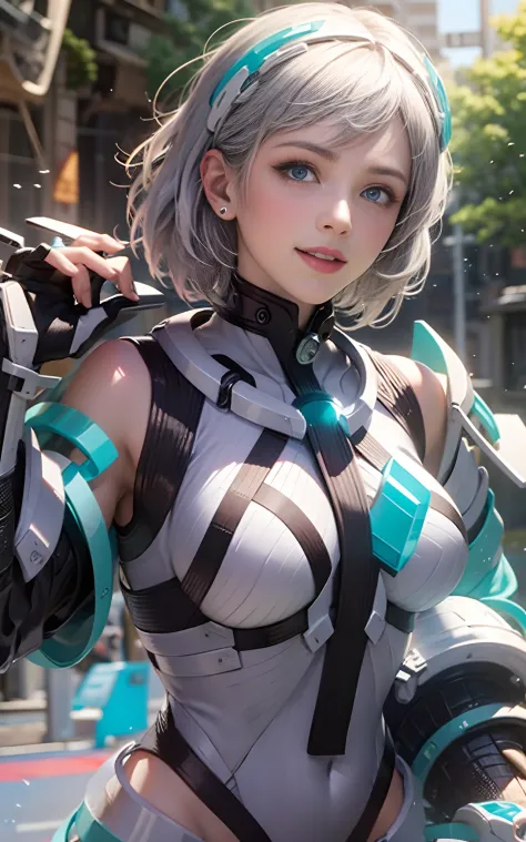 light smile, deva battle suit, outdoors, silver hair, bobhair, blue eyes, waistshot