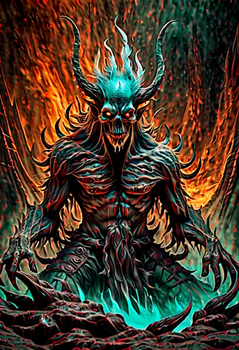 dark fantasy hell world, an true evil creature emerges from its decaying form, surrounded by a fusion of dark cyan flames and shadows. dark lighting adds to eerie atmosphere, rich colors and gradients create a mesmerizing effect, stunning matte painting is...