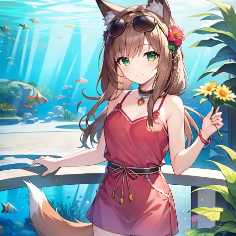 (masterpiece, best quality, high resolution), 1girll, solo, oversized fox tail，long brown hair，green eyes，small flower headdress...