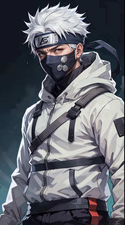 masterpiece, best quality, ultra-detailed, upper body shot, 1man, male focus, Kakashi hatake, wearing Streetwear Hoodie, white h...