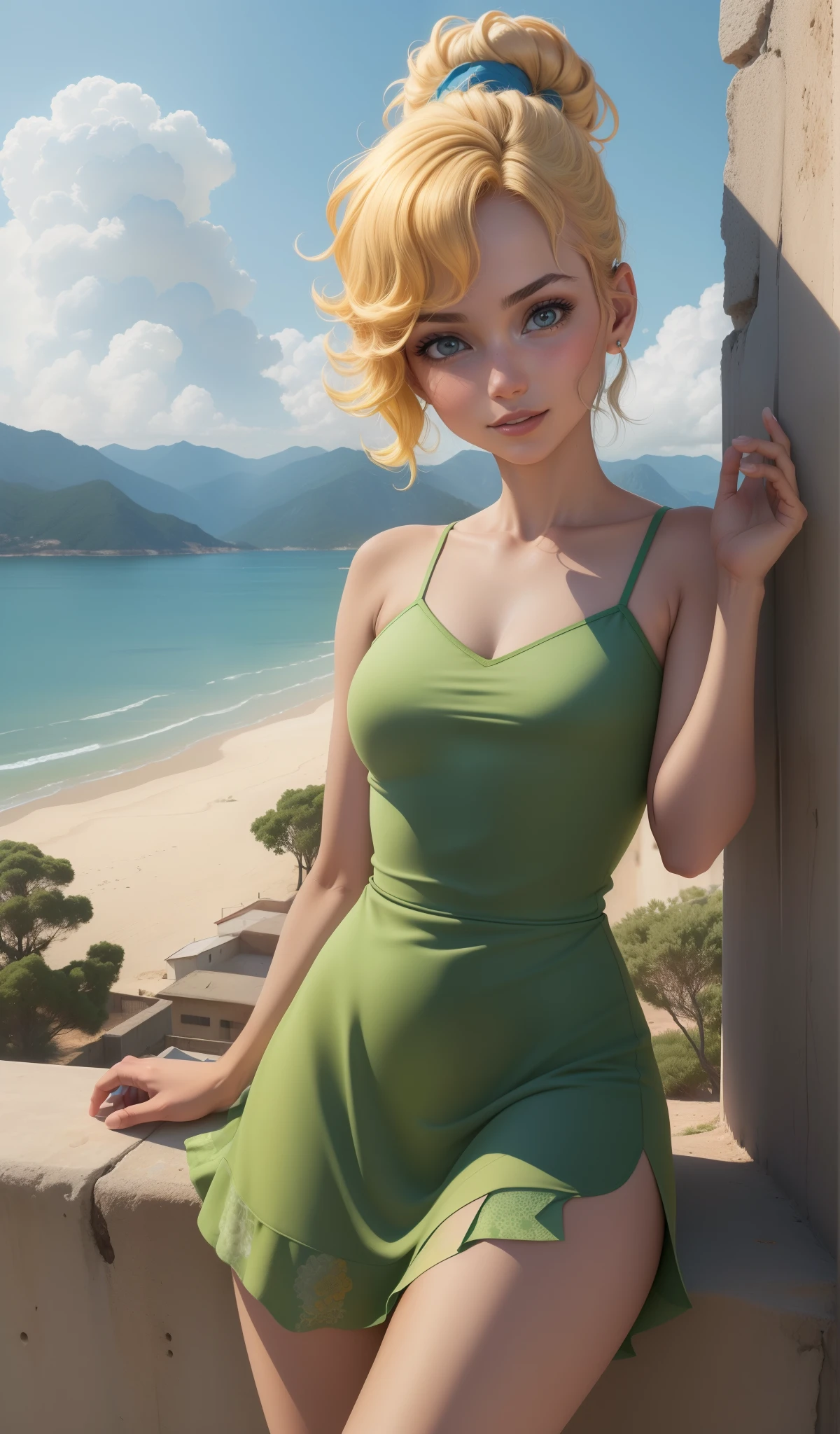 (TinkerWaifu:1), face perfect, sorrido, fluffly, cute pose, Looking at Viewer, single hair bun, short hair, (green strapless dress:1), (fairy wings naughty), sitting down, From  above, (Realistic:1 ,2), (真实感), (master part: 1,2), (best quality), (ultra detaild), (8k, 4K, Complex), (full body shot shot: 1), (Foto Cowboy: 1.2), (85 millimeters),light particles, The lighting, (highy detailed:1.2),(face detailed:1.2), (gradients), SFW, fullcolor,(detailedeyes:1.2), (detailed landscape, inside a glass bottle:1,2),(detailed backgrounds),detailed landscape, (Dynamic angle:1,2), (dynamic pose:1,2), (rule of third_compositing:1,3), (action line:1 ,2), A Long Shot, Day Light, floor,