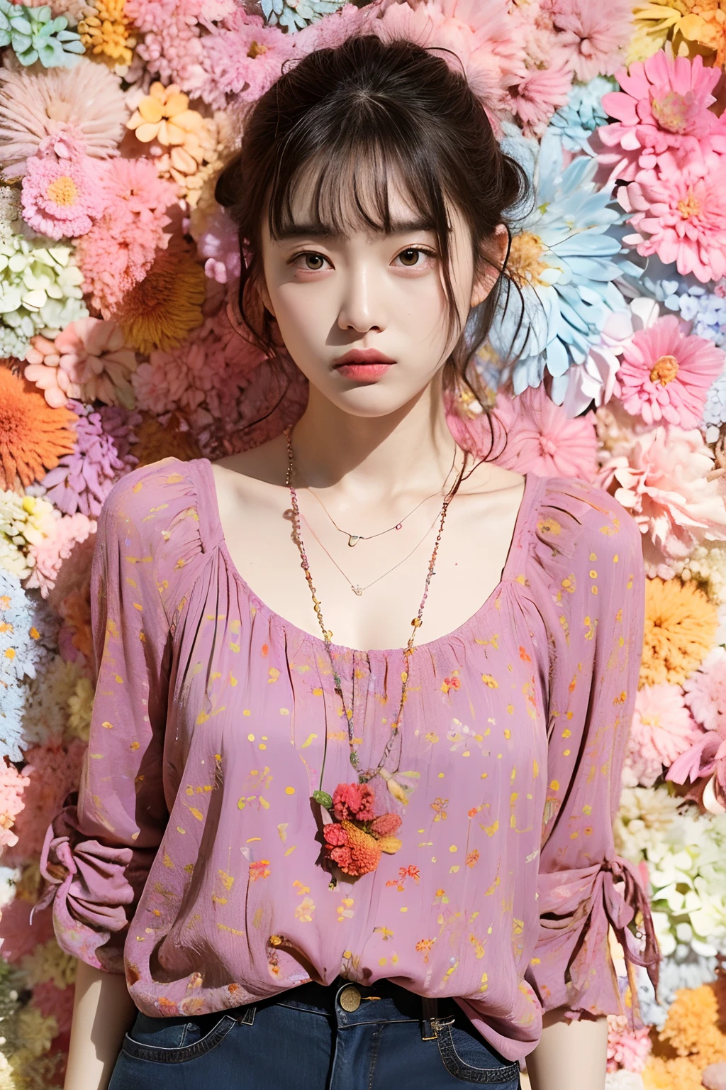 (extra detailed body、extra detailed face、best qualtiy:1.2)、femele、looking at the viewers、（Wacky fashion、dried flower、a necklace, pastel clothing、Asymmetry)、(Colorful color wall)