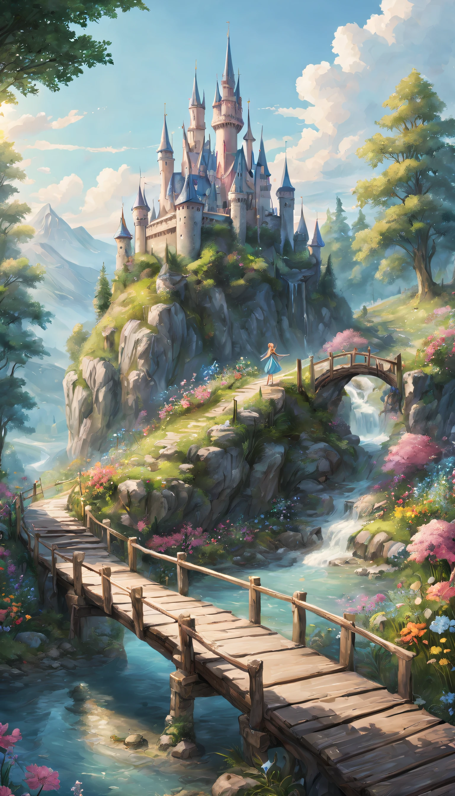Un ruisseau de montagne babillant，La fée se tient sur le pont en bois，des fleurs fleurissent autour，papillons，une forêt fantastique，Il y a un ancien château au sommet de la colline au loin。（meilleure qualité，4k，8k，chef-d&#39;œuvre：1.2）
