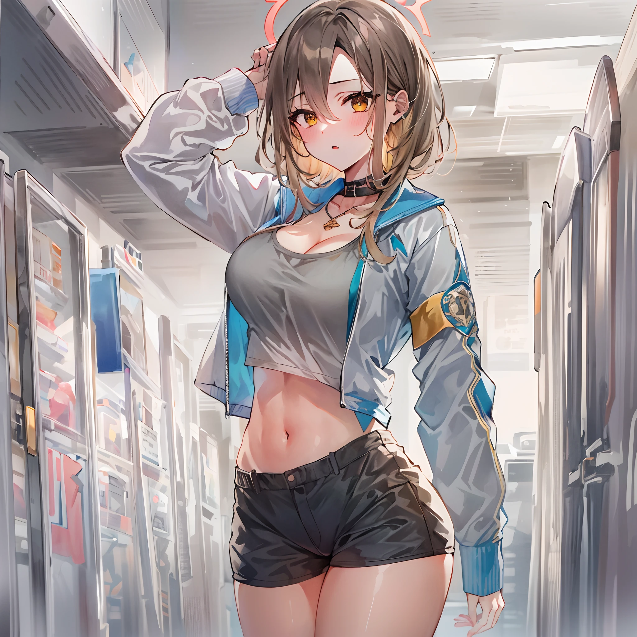 ​masterpiece, top-quality, extra detailed face, Sharp details, Perfect litthing, He shirt, 1girl in, breastsout, 独奏,Golden eyes, The halo, length hair, silber hair, shortpants, huge-breasted, jaket, a choker, hair between eye, red blush, looking at the viewers, The shirt, mole, white  shirt, Track jacket, Mole under the eyes, simple background, bangss、Partially defrosted、cleavage of the breast、thighs thighs thighs thighs、long-sleeve、a navel、is standing、extreme close - up、under the boobs、Hasumi\(blue_archive\)、Dishwasher 1910、