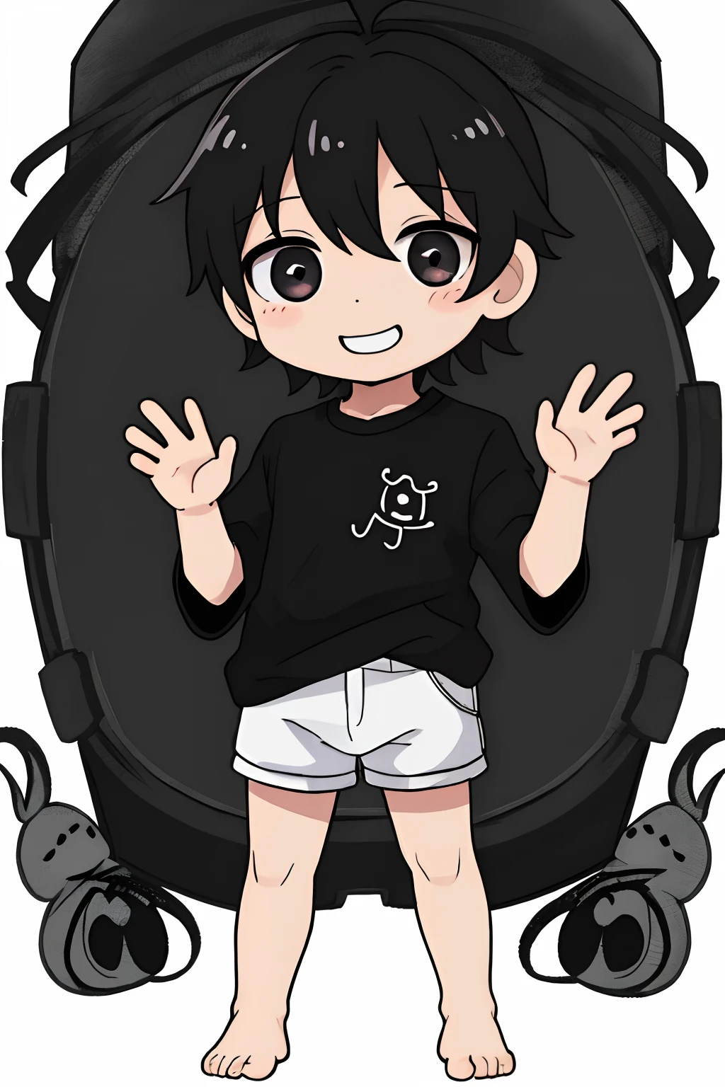 A cartoon boy with black hair and a black shirt is standing in front of a  black drum - SeaArt AI