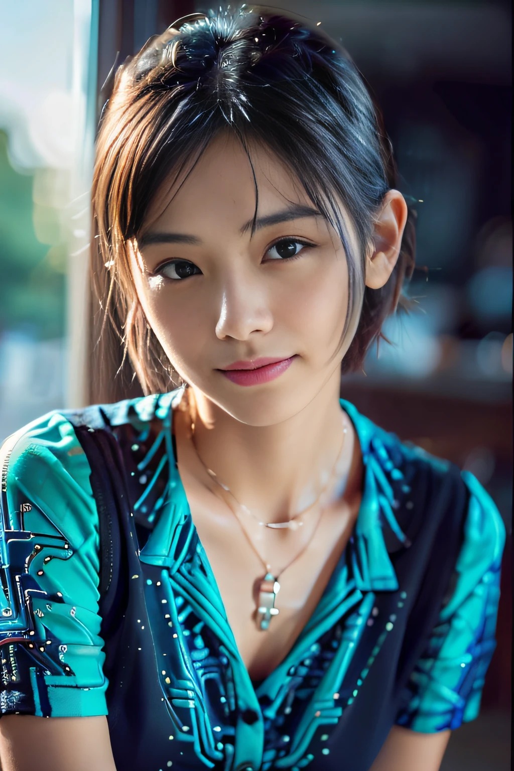 (Best Quality:1.4), (8K), 32K, (UHD), (Masterpiece:1.3), Photo of Japanese pretty woman, (Photorealistic), (Raw Photography), (1girl), (Ultra High Details), (Detailed face), perfect face, (Detailed hair), Beautiful hair, bangs, Layer Cut, (symmetrical eyes:1.3), (Detailed eyes), (Detailed skin), Realistic skin, Ultra high definition, (medium breasts), firm breast, (slim figure), (super model figure), gentle smile, Japanese cute young girl, 

(Wearing a high fashion Beautiful shirt with intricate weave, Blue issuing CircuitBoardAI shirt:1.5), necklaces, earrings, bracelets, 
Portrait, cowboy_shot:1.3, narrow face:1.3,