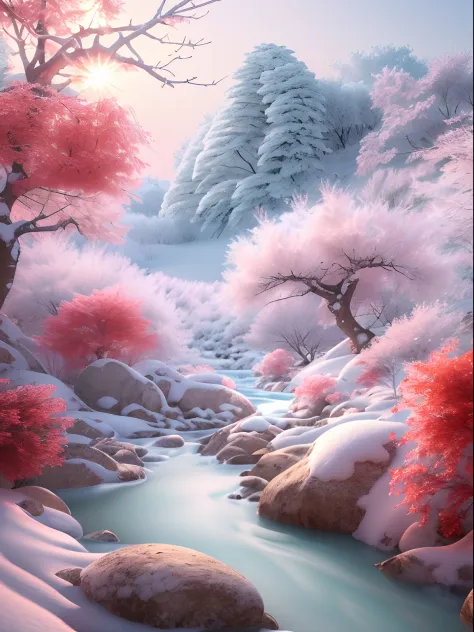 There is a small stream flowing in the middle of the snow-capped mountain rocks。The branches of the red bean tree are covered with frost flowers。The scenery is super clear in winter，High quality。Digital art, 3D rendering of, Beautiful pictures。