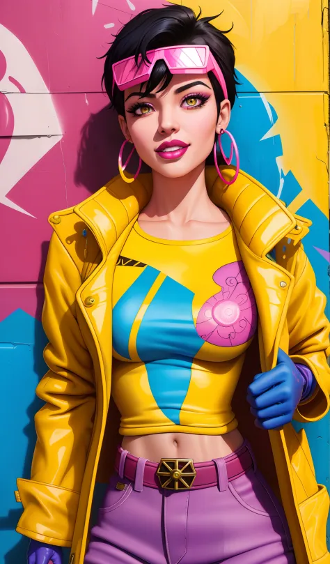 Jubilee,short black hair, brown eyes, solo, standing,  upper body,     covered nipples,   smile, 
jubJak,  open yellow jacket, purple shades on head, hoop earrings ,blue gloves, pink shirt, 
streets, chain fence,  retro,  graffiti, 
 (insanely detailed, be...