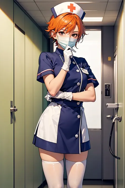 1girl, solo, nurse, nurse cap, white wear, ((white legwear, zettai ryouiki)), white gloves, very short hair, orange hair, ((whit...