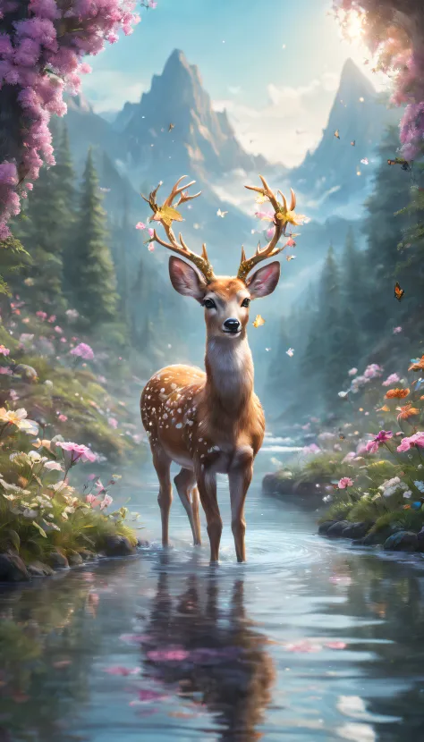 Magic deer，kawaii，fluffly，Sparkling star body painting，In a stream between the mountains, Ethereal dreams，butterflys，Flower crow...