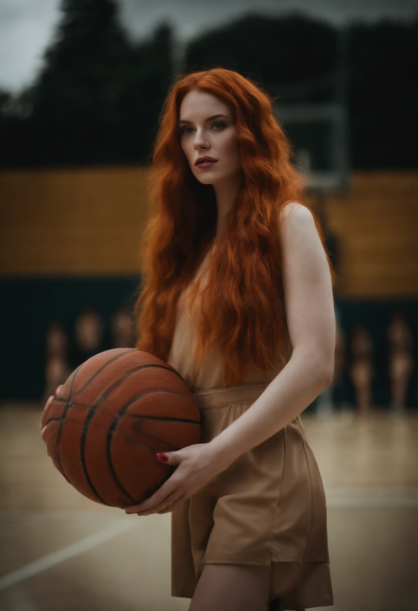 A woman with red hair holding a basketball ball on a court - SeaArt AI