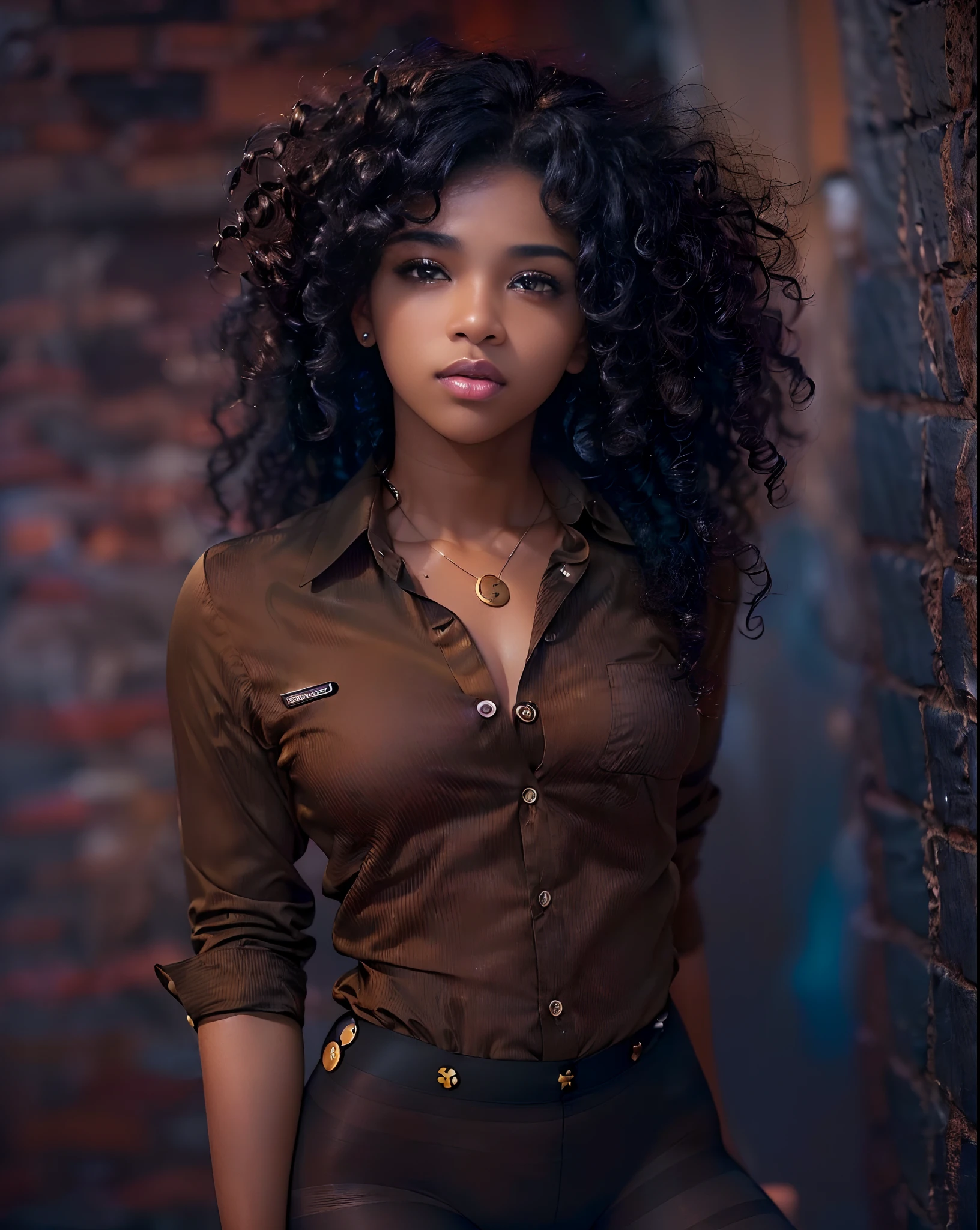 ((21-year-old))) mixed black girl, (((light skin))),  (((close-up, full body pose))),  (((long curly black hair))), (((seamless black pantyhose))), (((wearing mans button-up shirt, unbuttoned))), Rich, Deep Colours, (intricate details:0.9), (HDR, hyper-detailing:1.2), (natural skin textures, hyper realisitc, glistening skin, soft light, Sharp),