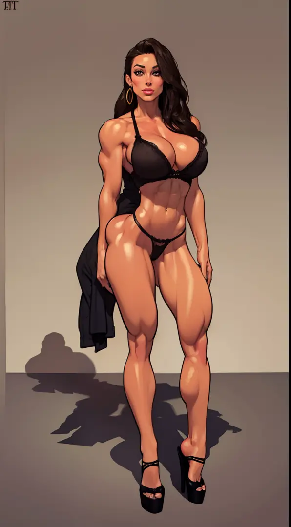 Miranda Lawson, ((full body view:1.4)) masterpiece, ((thepit style:1.4)), a drawing of a female barbarian, (pale skin:1.5), (long dark hair:1.4), muscular body, feminine, huge upper body, wide shoulders, veins, beautiful face, full lips, slim face, high ch...