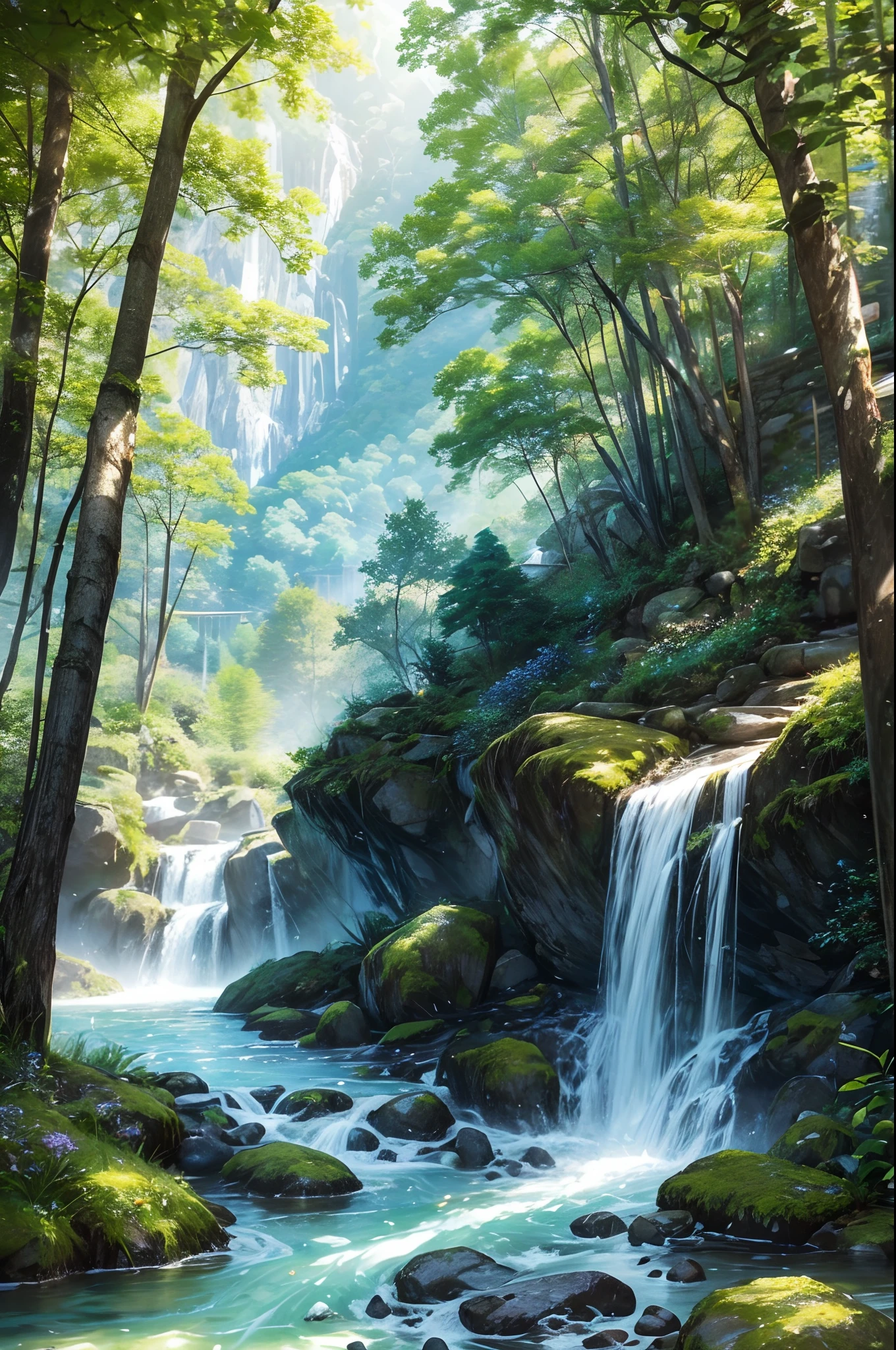 A painting of a waterfall in a forest with rocks and trees - SeaArt AI