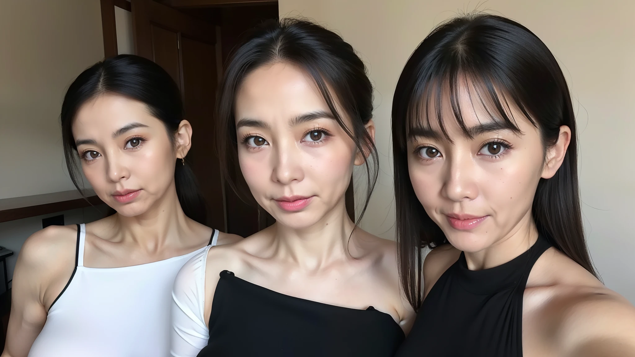 Three asian women posing for a picture in a room - SeaArt AI