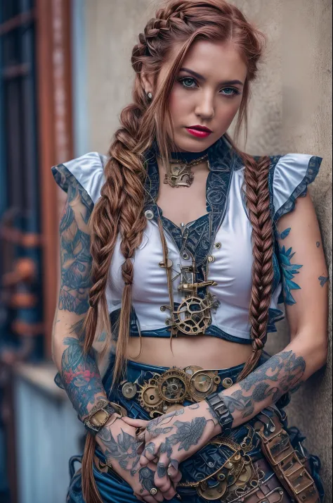 an steampunk girl at a party, (white crop top:1.2), small breast, black and blue leather, tattoo, hyper detailed, ultra sharp, long auburn hair in braids, 8k, (insanely detailed:1.5), full body photograph, 20 megapixel, canon eos r3, detailed skin, pale sk...