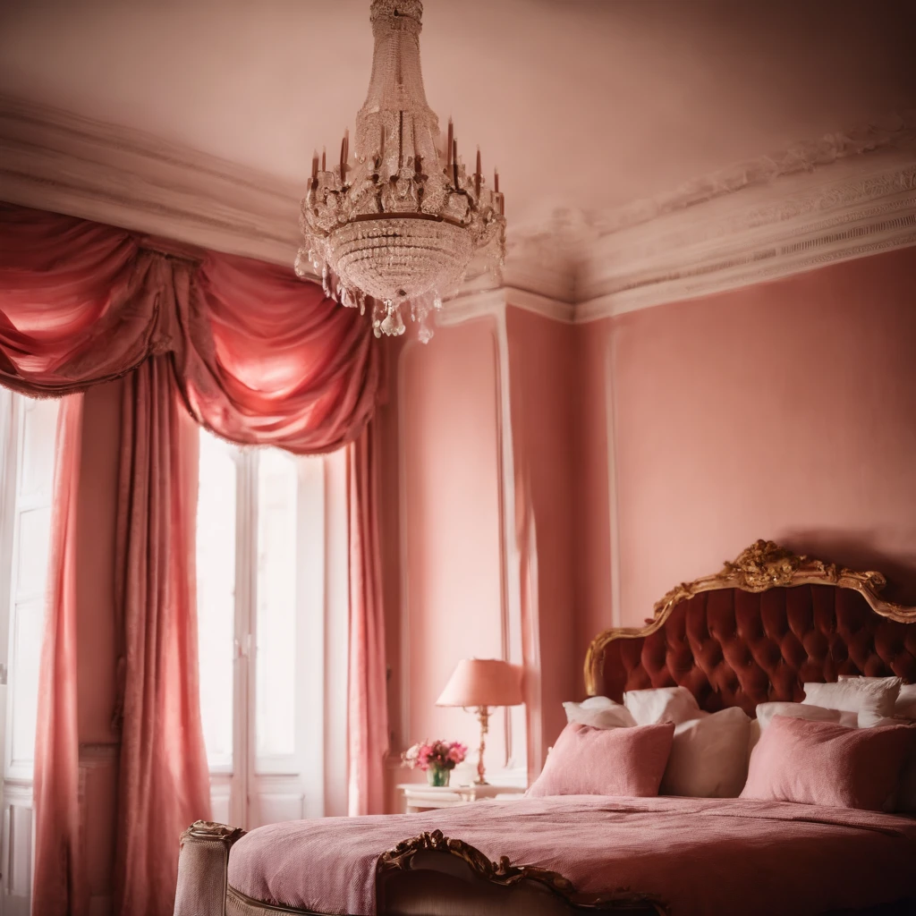 bright, day, French style, pink bedroom walls, curtains, ceiling, chandelier, window, (from below)