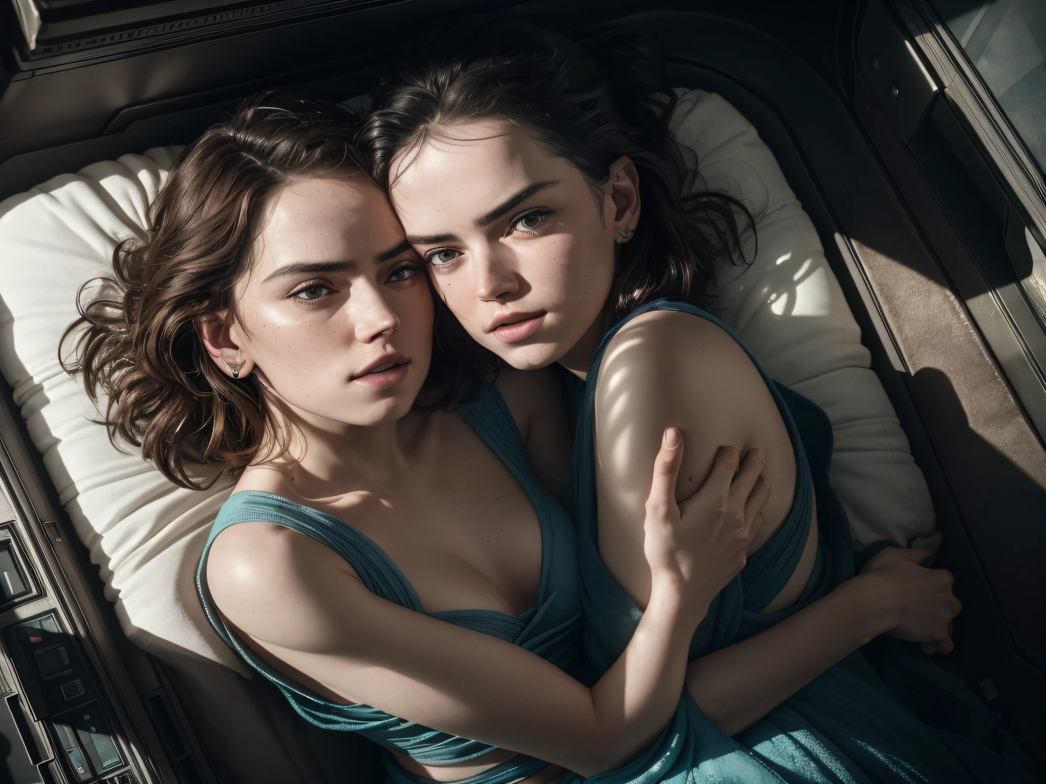 Two women in blue dresses laying in a car together - SeaArt AI