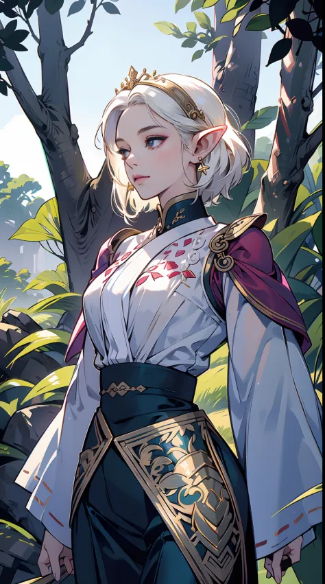 An image of a female elf exuding tranquility and elegance as she leans against a majestic tree in an enchanted woodland, by Yusu...