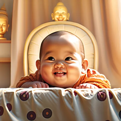 smiling baby with orange robe and a buddha statue in the background, buddhist, buddhism, monk, wide grin, serene smile, buddhist...