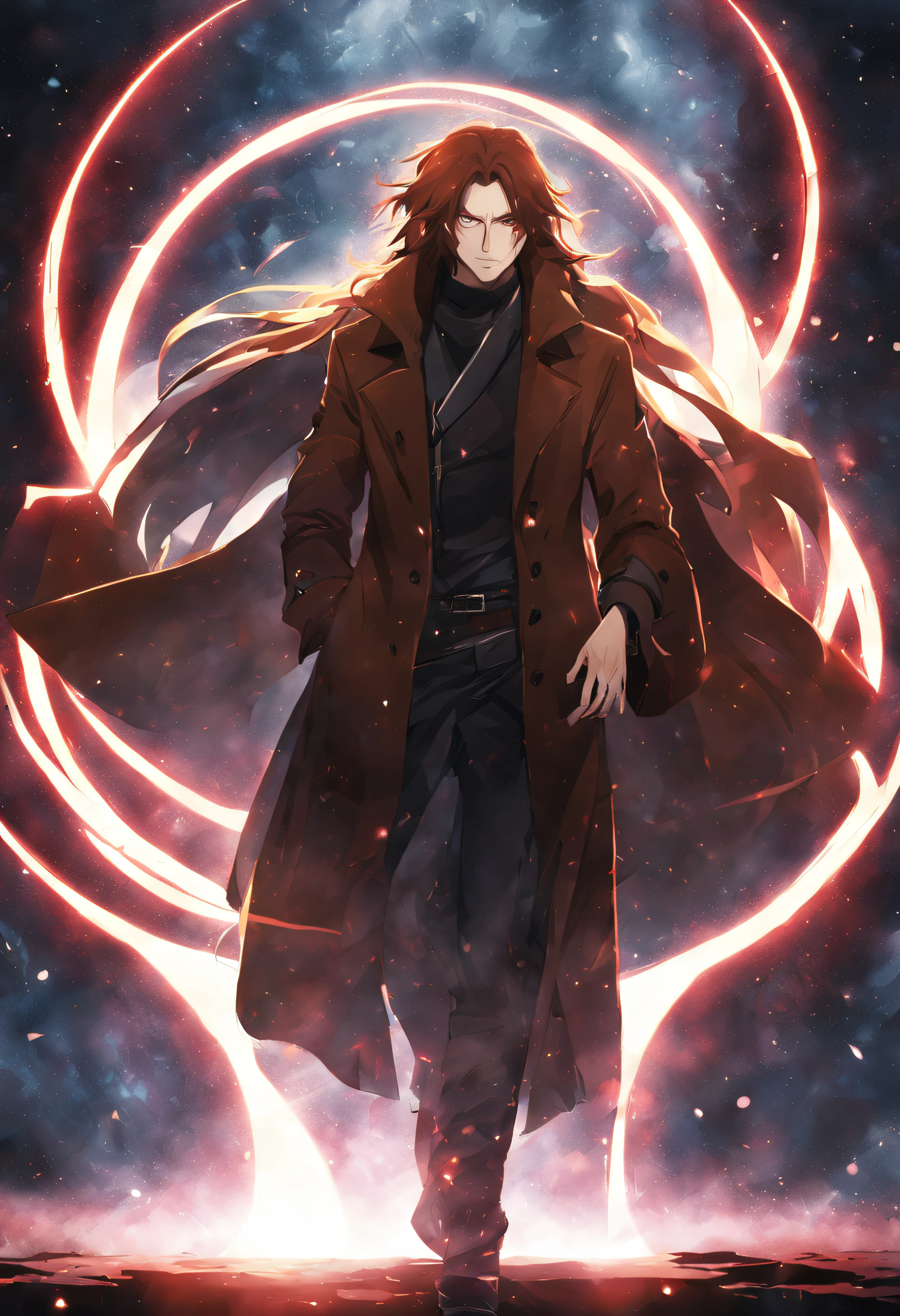 one man, red long hairs,pale withe skin, wearing a leather brown overcoat, magic aura particles, red eyes, 4k, cinematic details, anime 2D style