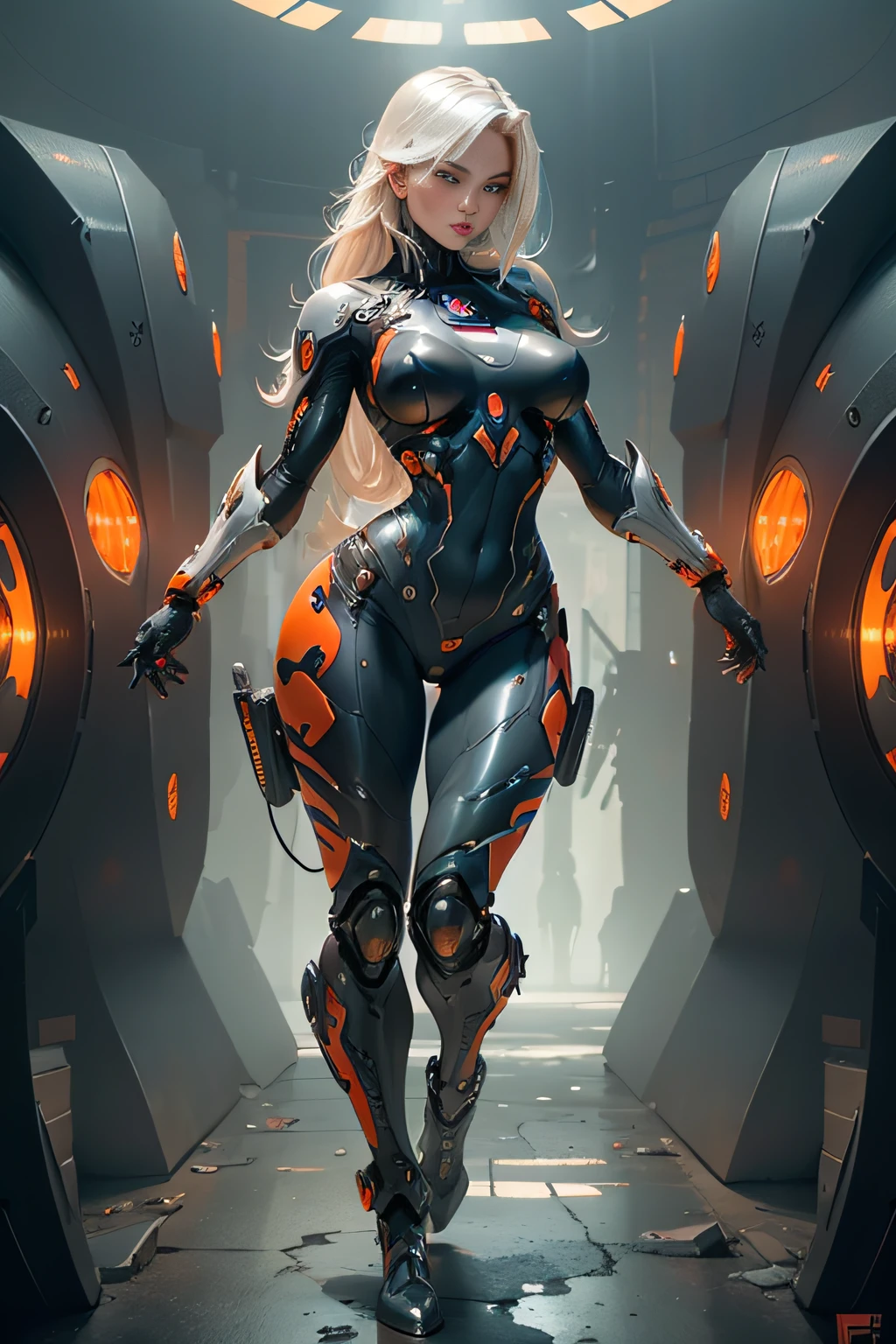 A woman in a futuristic suit standing in a tunnel - SeaArt AI