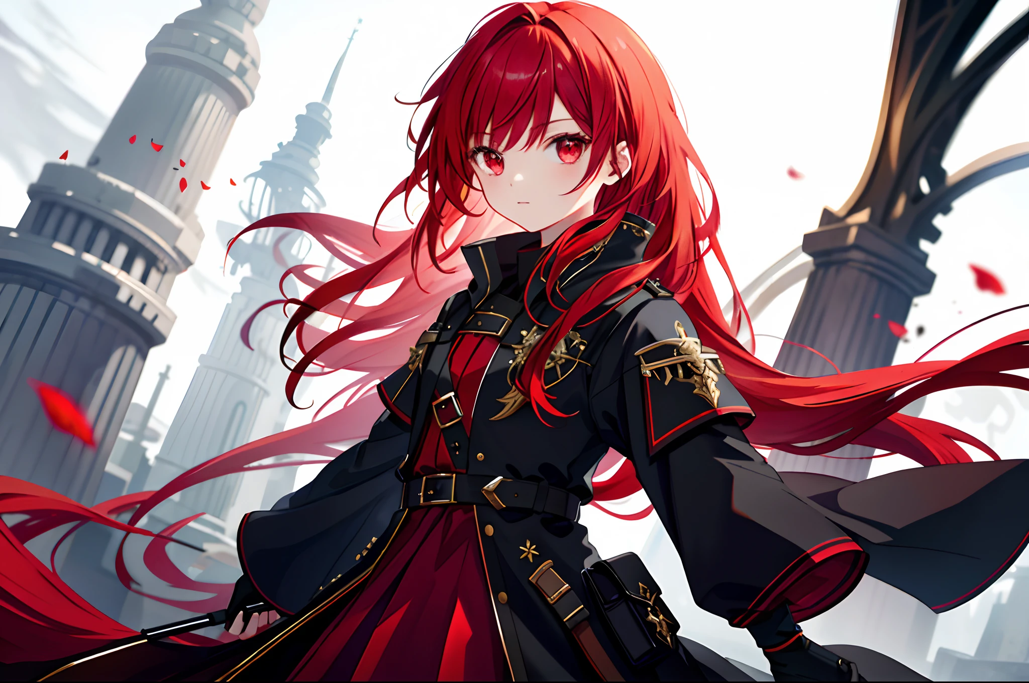 Masterpiece, Best Quality, highres, girl, Solo, plain background, Fantasy Clothing, body towards forward, red hair, long hair, red eyes, black clothing, 20 years old.