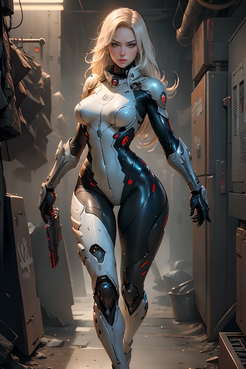 A woman in a futuristic suit is walking through a hallway - SeaArt AI