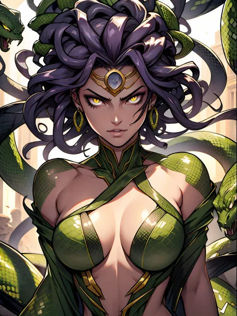 Medusa, snake hair, glare.