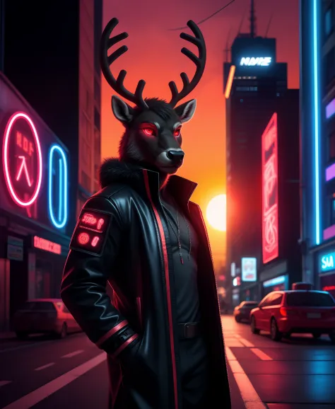 cyberpunk, portrait, male black reindeer, red neon eyes, wearing stylish [black|red] clothes standing in a city, (sunrize:1.4), ...