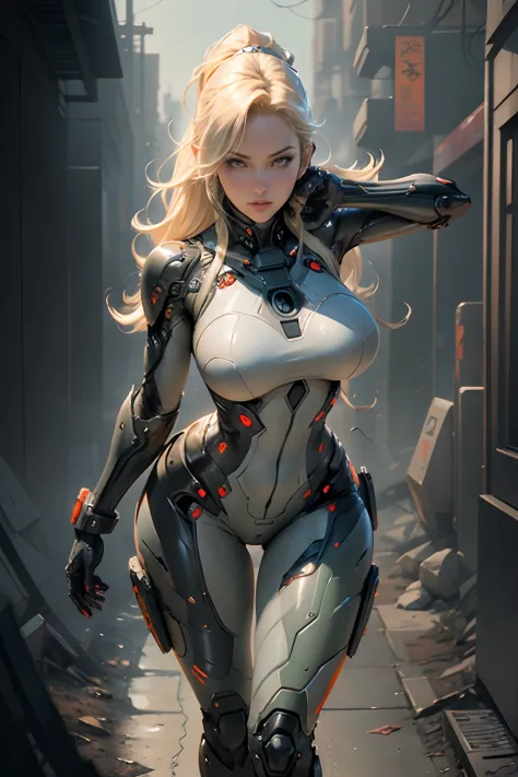 female ,emma frost ,front view,artgerm,full body,cyborg,front pose,heavy mechanical torso,sci fi,full body suit,combat ,gun smit...