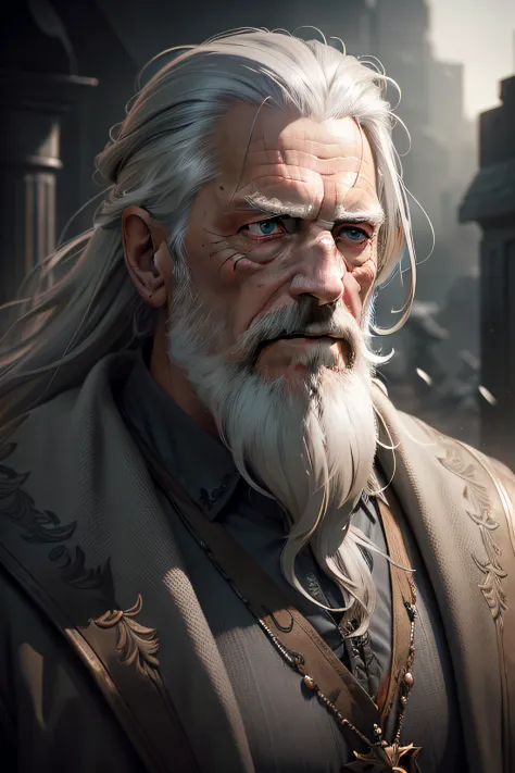 realistic portrait of a wise old man of, Dark photo, ((long gray hair, long gray beard)), looking at the sky. The environment is immersive with realistic details and the lighting is perfect to add drama and depth to the scene., Mech Photo: Realistic Epic, ...