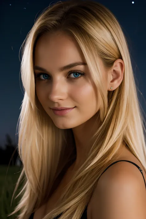 night photography, in the countryside, under the maldives starry sky,
1 gorgeous blonde woman,
23 ans, 
subtle smile, 
flirts with the camera,
she’s a model, sensual pose, 
(European girl:1.2),
(Realistic hair:1.2),
(realistic eyes:1.2),
(Beauty face:1.3),...
