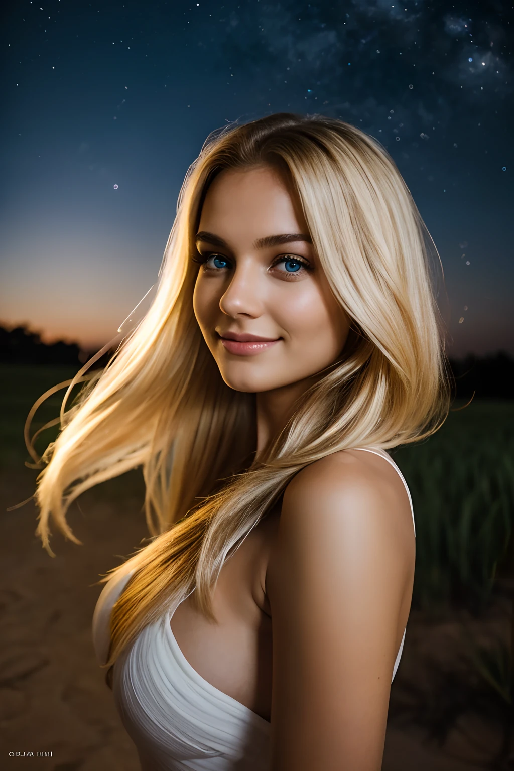 night photography, in the countryside, under the maldives starry sky,
1 gorgeous blonde woman,
23 ans, 
subtle smile, 
flirts with the camera,
she’s a model, sensual pose, 
(European girl:1.2),
(Realistic hair:1.2),
(realistic eyes:1.2),
(Beauty face:1.3),
perfect body, 
perfect hands, 
Kodak gold 200, 
National Geographic style, medium shot,
Best quality, ultra highres, (photoreallistic:1.4), 8k,