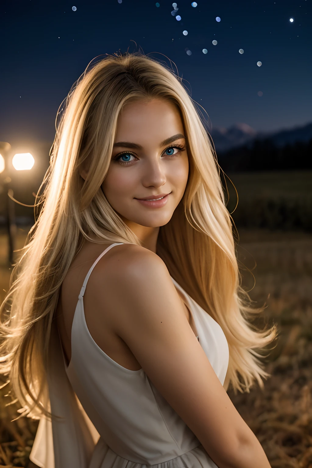night photography, in the countryside, under the winter starry sky,
1 gorgeous blonde woman,
23 ans, 
subtle smile, 
flirts with the camera,
she’s a model, sensual pose, 
(European girl:1.2),
(Realistic hair:1.2),
(realistic eyes:1.2),
(Beauty face:1.3),
perfect body, 
perfect hands, 
Kodak gold 200, 
National Geographic style, medium shot,
Best quality, ultra highres, (photoreallistic:1.4), 8k,