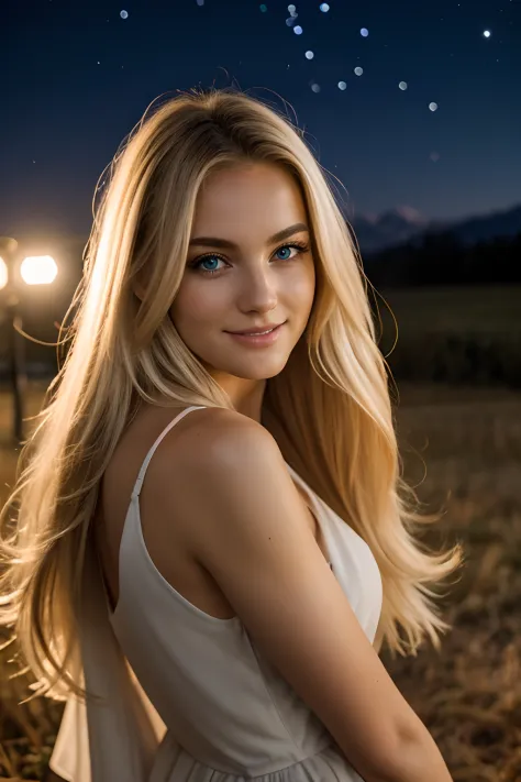 night photography, in the countryside, under the winter starry sky,
1 gorgeous blonde woman,
23 ans, 
subtle smile, 
flirts with...