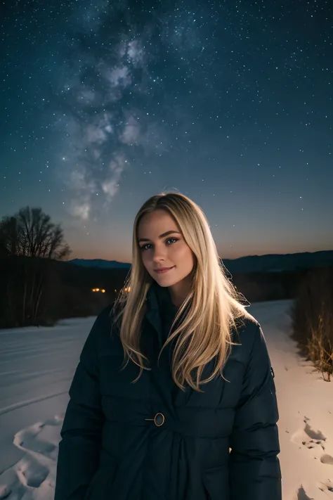 night photography, in the countryside, under the winter starry sky,
1 gorgeous blonde woman,
23 ans, 
subtle smile, 
flirts with...