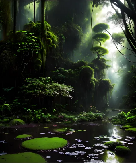 the rainforest，Small streams，(Masterpiece: 1.3), (8K, Photorealistic, RAW photo, Best quality: 1.4), Damp rainforest,forest,jungles，with intense rainfall，Mono Color，vines all around，giant and wet trees，(The jungle is dark and damp:1.8),There are swamps on ...