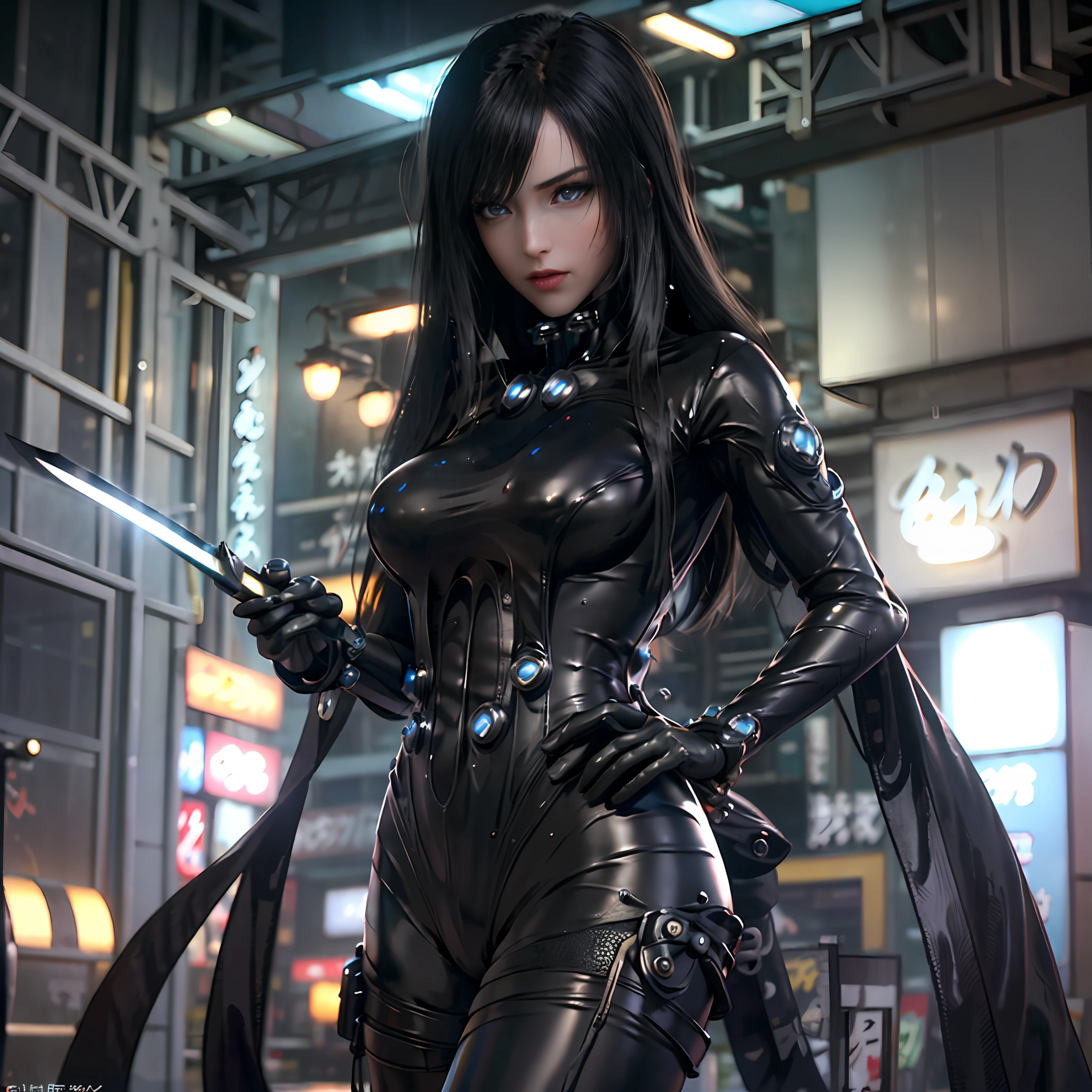 NSFW,​masterpiece,3d、realisitic、Ultra Micro Photography、((1 female))、2,((frombelow:1.5))、dynamic ungle、Full body:1.3、Standing:1.3,best qualtiy、Ultra Detailed CG Unity ,8k,Wallpaper,intricate-detail、amazing shading, Perfect face,Tall and glamorous perfect proportions、(highly dramatic picture、intricate detailes、Fralithic,Harmonious composition、creative refinement)、Glossiness,reika\(Gantz\), reika\(body suit\), reika\(coat\),,(Bodysuit Details,PVC,High-gloss holographic leather that shines like tight oil:1.5,High gloss latex bodysuit that shines like oil,Black Gloves),Feminine、ass visible through thighs,Detailed body、(A detailed face: 1.1)、Smaller face,(Outline of the iris)、(Hydrocore Lens)、(Perfect eyes)、Beautiful fece、Looking at Viewer,thin lipss:1.1、thin and sharp pale eyebrows,、eye line,long dark eyelashes、Double eyelashes、Dark eyeshadow,((battle posture:1.2、Fight with a long black giant Japan sword,Shoot a giant ray gun,battoujutsu stance,Weapons of the future))clong legs,pin heels,Slender and muscular,、muscular abs,Visible Pore、glistning skin,Sweat,Pose Seductive、Very long hair,Floating hair,Black theme,((Erect,Huge ,show off nipple,cameltoe,vulvashaped,Sexy and dynamic model poses,Cool pose)),(underboob, perfect hand:1.5、(((Back lighting,Foggy,steams,Underworld,Dark back roads,cyberpunked,Movie Lighting,exquisite lighting and shadow,)),Ruins,Destroyed city,Midnight Shibuya,background crowds、wet street surface,DSLR Harp、Maximum clarity and sharpness、optimal ratio of four fingers and one thumb