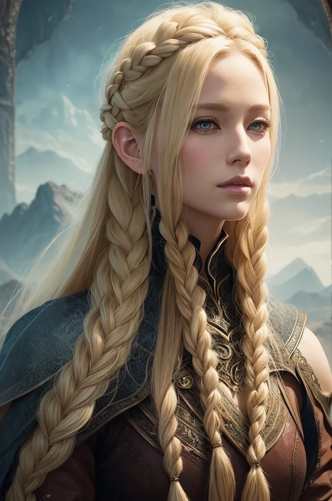 blond haired woman with long braids,Artstation, fantasy art, stunning character art, epic fantasy art style, fantasy art style, fantasy style art, fantasy concept art portrait, beautiful character painting,epic fantasy style art, epic exquisite character art, high quality fantasy art