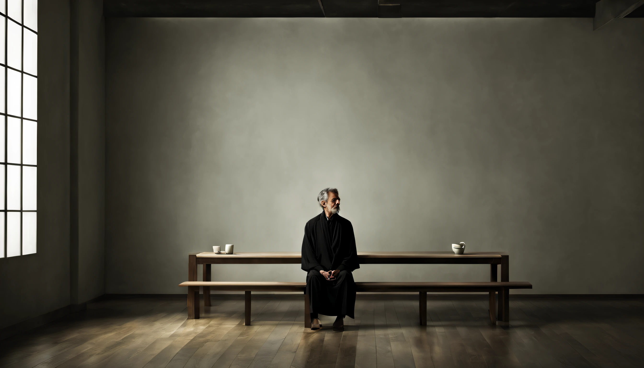 Task: Create a visual representation of a stoic individual calmly and coldly reflecting.

Instructions:

Context: Imagine a scene where a stoic person embodies the principles of stoicism by calmly and dispassionately reflecting on a situation or decision.

Scene Description: The stoic individual is in a minimalist and contemplative environment, such as a quiet room with little to no decoration. The surroundings emphasize a sense of solitude and calm.

Expression and Behavior: The stoic person is calmly and coldly reflecting on a matter, showing no overt emotional reaction. Their facial expression and body language exude a composed and unemotional demeanor.

Image Details: The scene is illuminated with soft, muted lighting, and the color palette is cool and restrained. The environment should enhance the feeling of tranquility and rational reflection.

Art Style: The desired art style is realistic, focusing on detail to convincingly portray the stoic individual's calm and rational contemplation.

Resolution and Size: The image should have a high resolution of 300 dpi and a size of 3000x4000 pixels, suitable for high-quality printing.

Deadline: The deadline for completing the image is 10 days from today.

Budget: A budget of $500 is available for the creation of this image.

Additional Notes: Ensure that the image conveys a clear message of stoicism, with the individual calmly and coldly reflecting, displaying emotional detachment, and embracing rationality and self-control in their contemplation.